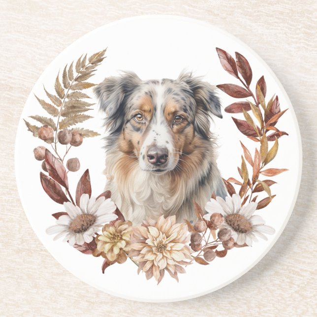 Porta-copos Blue Merle australiano Shepherd Dog Autumn Wreath (Frente)