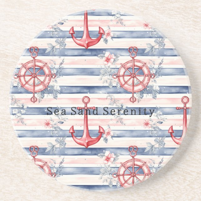 Porta-copos Blue Red Anchors Floral Stripes Beach Ocean (Frente)