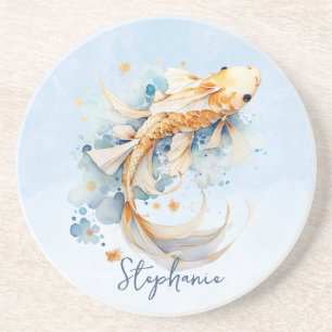 Porta-copos Blue Watercolor Dourado Peixe Koi Personalizado