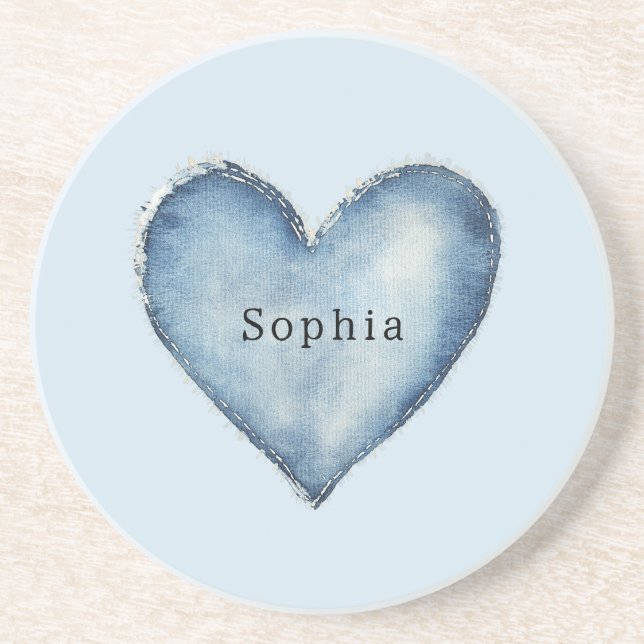 Porta-copos Blue White Denim Heart (Frente)