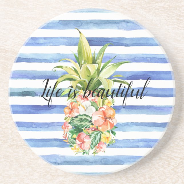 Porta-copos Blue White Stripes Tropical Floral Pineapple (Frente)