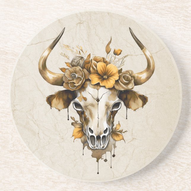 Porta-copos Boho Chic Aquarela Floral Crânio de Vaca (Frente)