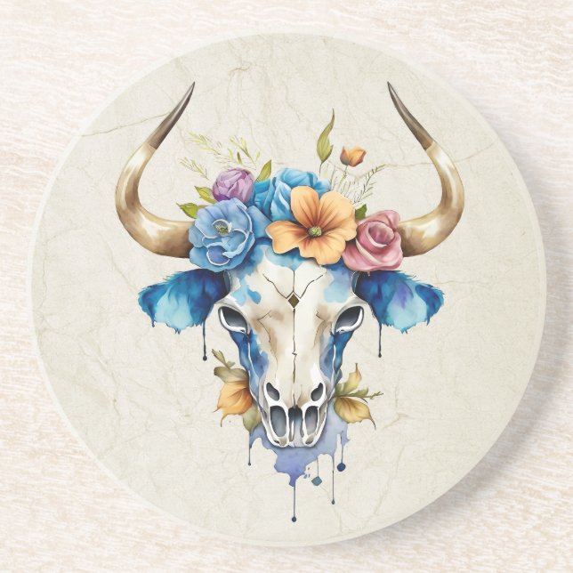 Porta-copos Boho Chic Aquarela Floral Crânio de Vaca (Frente)