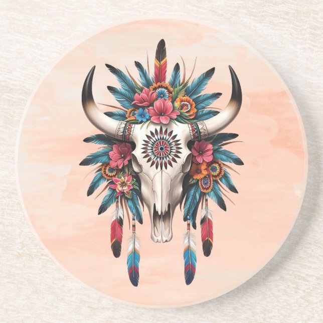 Porta-copos Boho Chic Aquarela Floral Tribal Crânio de Vaca (Frente)