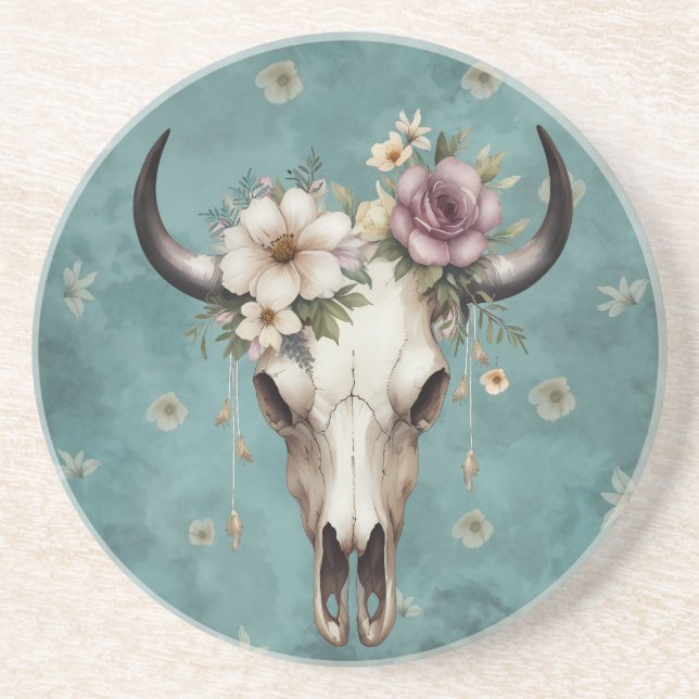 Porta-copos Boho Chic Crânio de Vaca Floral Aquarela (Frente)