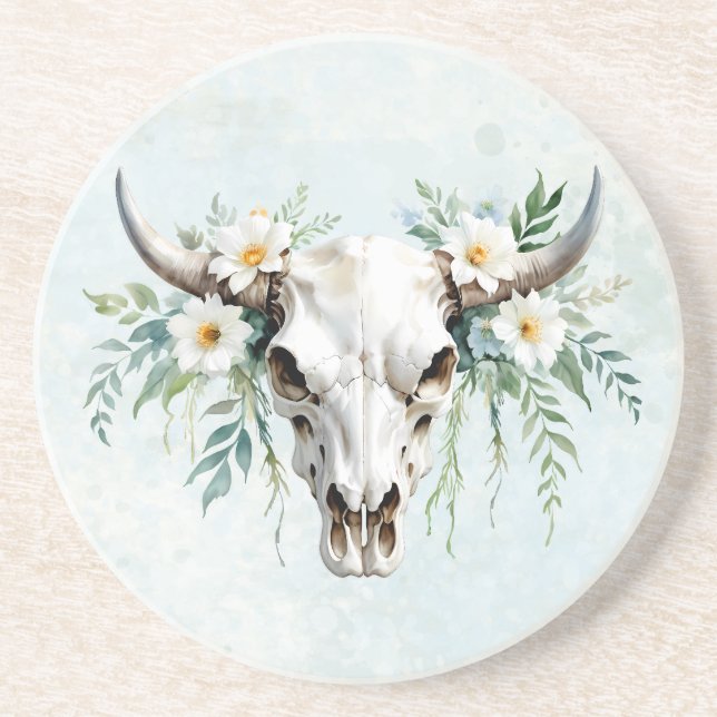 Porta-copos Boho Chic Crânio de Vaca Floral Aquarela (Frente)