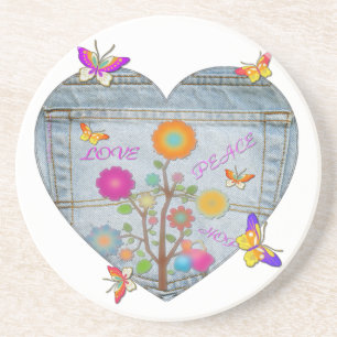 Porta-copos Bolsos de Jeans Coração Flores Borboletas