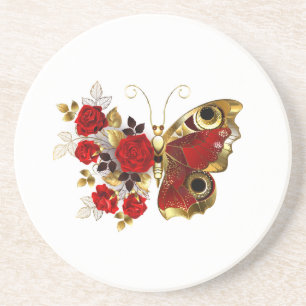 Porta-copos Borboleta de flor vermelha com rosas vermelhas