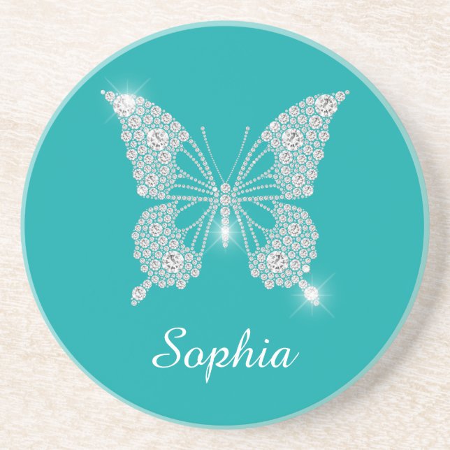 Porta-copos Borboleta Diamante Branca, Nome do Script, Teal (Frente)