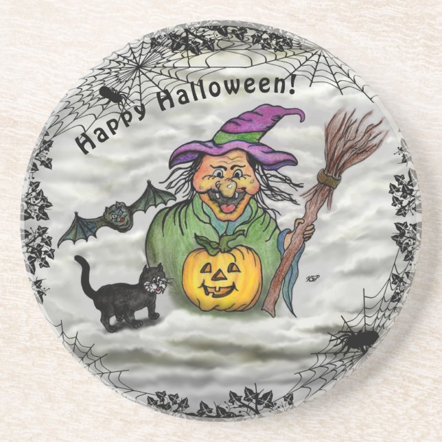 Porta-copos Bruxa, Gato, Bat e Pumpkin, Feliz Halloween! (Frente)