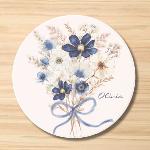 Porta-copos Buquê de Flores Azul Marinho Aquarela Personalizad