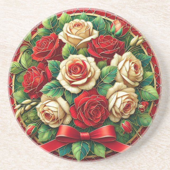 Porta-copos Buquê Elegante de Rosas Vermelhas e Brancas (Frente)