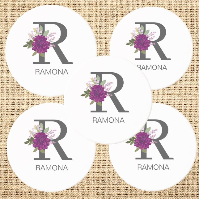 Porta-copos Burgundy Dahlia Floral Alphabet Letter Monogram   (Criador carregado)