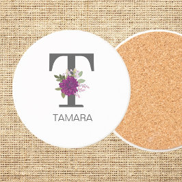 Porta-copos Burgundy Dahlia Floral Alphabet Letter Monogram  