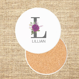 Porta-copos Burgundy Dahlia Floral Alphabet Letter Monogram  
