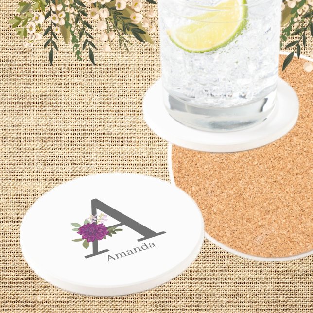 Porta-copos Burgundy Dahlia Floral Alphabet Letter Monogram  (Criador carregado)