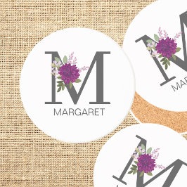 Porta-copos Burgundy Dahlia Floral Alphabet Letter Monogram  