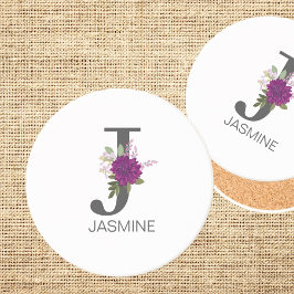 Porta-copos Burgundy Dahlia Floral Alphabet Letter Monogram  