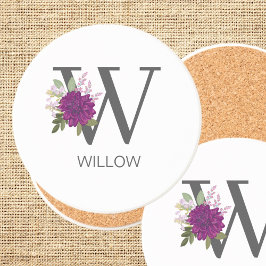 Porta-copos Burgundy Dahlia Floral Alphabet Letter Monogram  