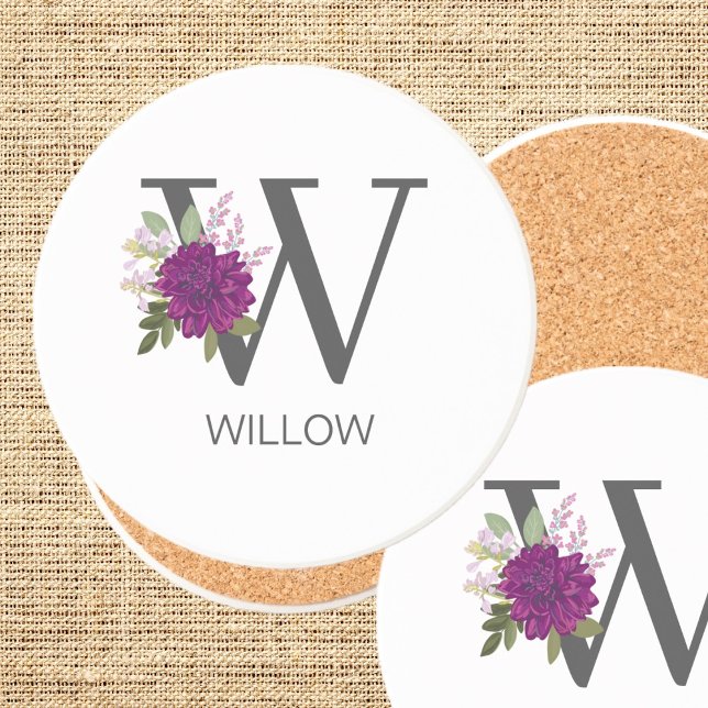 Porta-copos Burgundy Dahlia Floral Alphabet Letter Monogram   (Criador carregado)