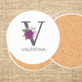 Porta-copos Burgundy Dahlia Floral Alphabet Letter Monogram  