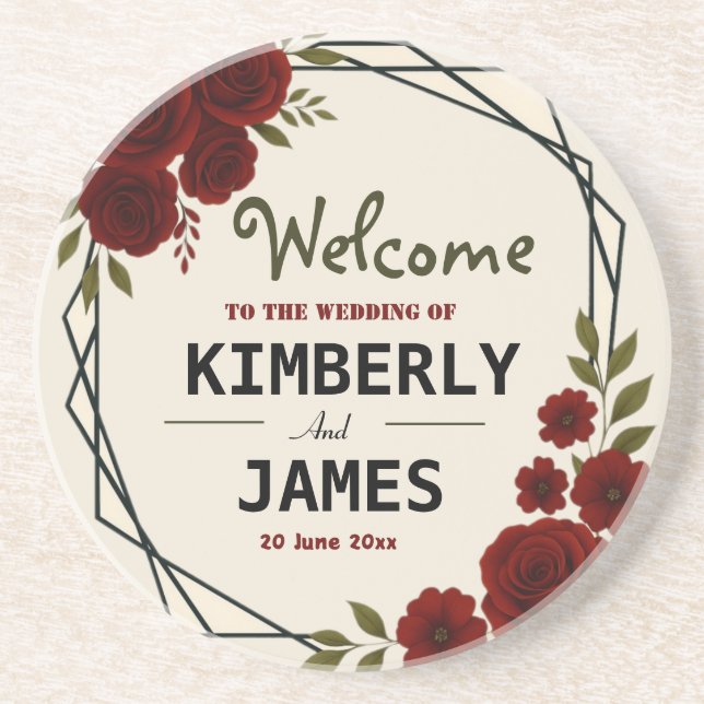 Porta-copos Burgundy Red & Black Geometric Wedding Modern  (Frente)