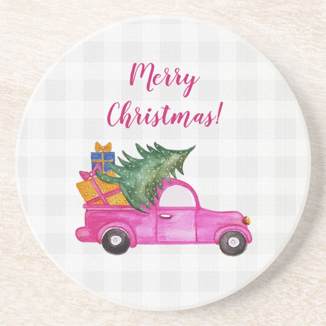 Porta-copos Caminhão Rosa de Natal Fofo Com Árvore e Desejos (Frente)