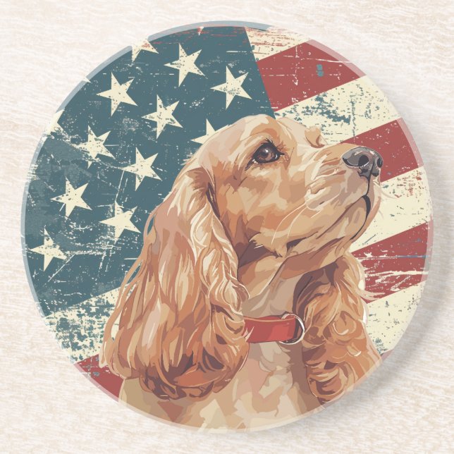 Porta-copos Cão Cocker Spaniel com Bandeira Americana Grunge (Frente)