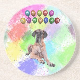 Porta-copos Cão Dogue Alemão Desejando Feliz Ano Novo