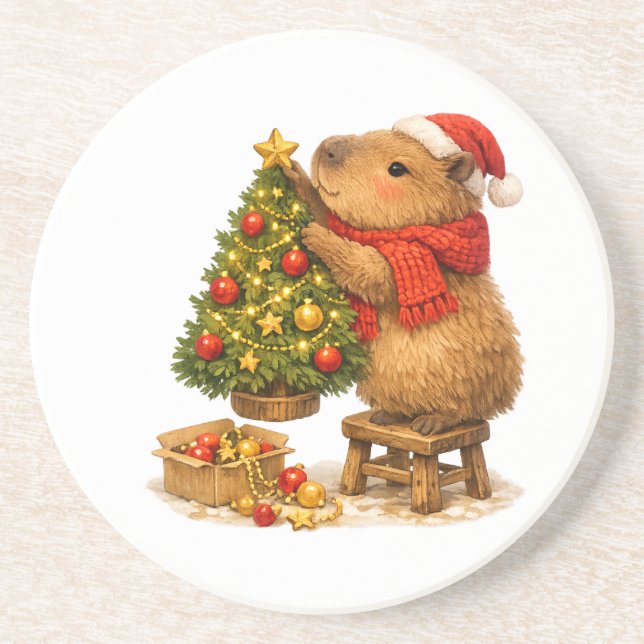 Porta-copos Capivara de Natal Decorando a Árvore (Frente)