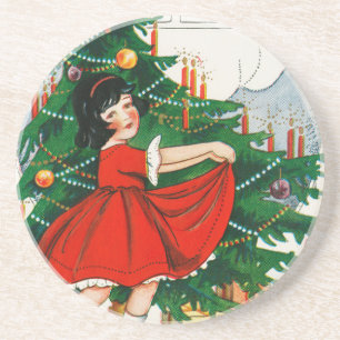 Porta-copos Cartão postal de Natal retrô, criança e árvore de