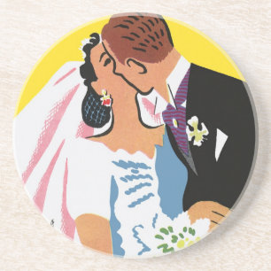 Porta-copos Casamento Antigo, Noivos Recém-Casados Beijando