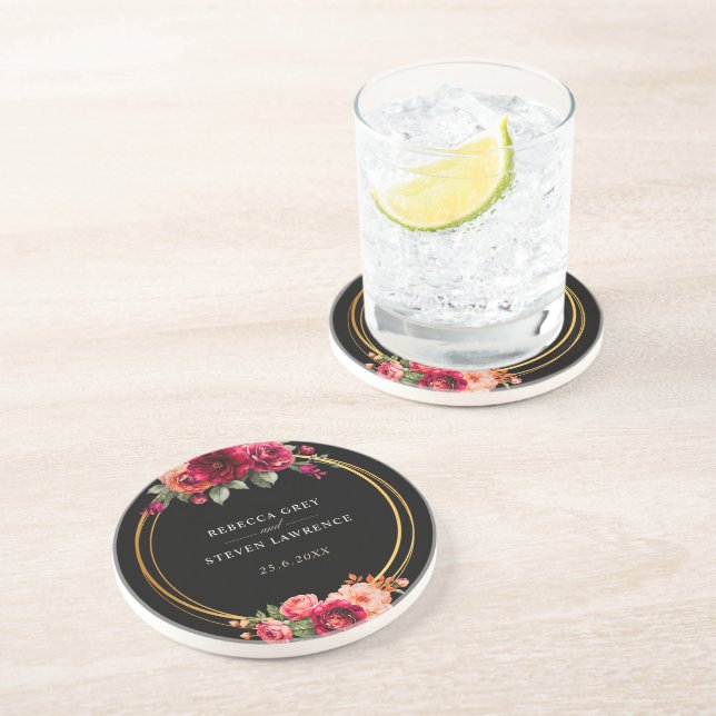 Porta-copos Casamento floral preto vermelho-chic (Lateral)