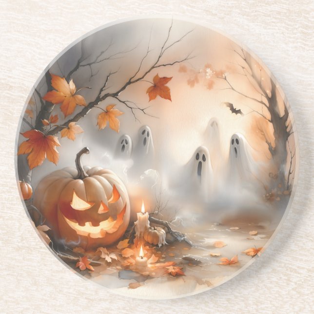 Porta-copos Cena do Dia das Bruxas com abóbora e fantasmas (Frente)