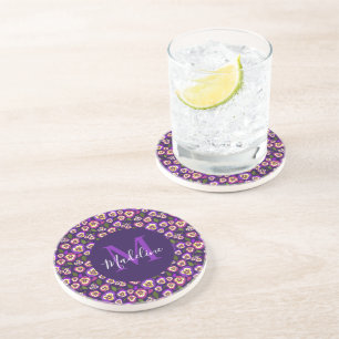 Porta-copos Chic Floral Pansies Pattern Purple Monogram