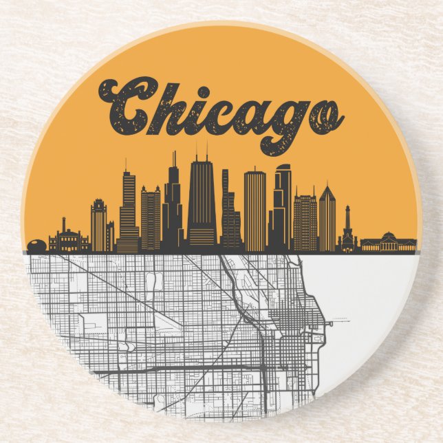 Porta-copos Chicago Illinois City Skyline with Map (Frente)