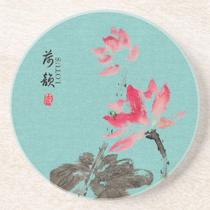 Porta-copos Chinoiserie Freehand Watercolor Lotus Flor Verde