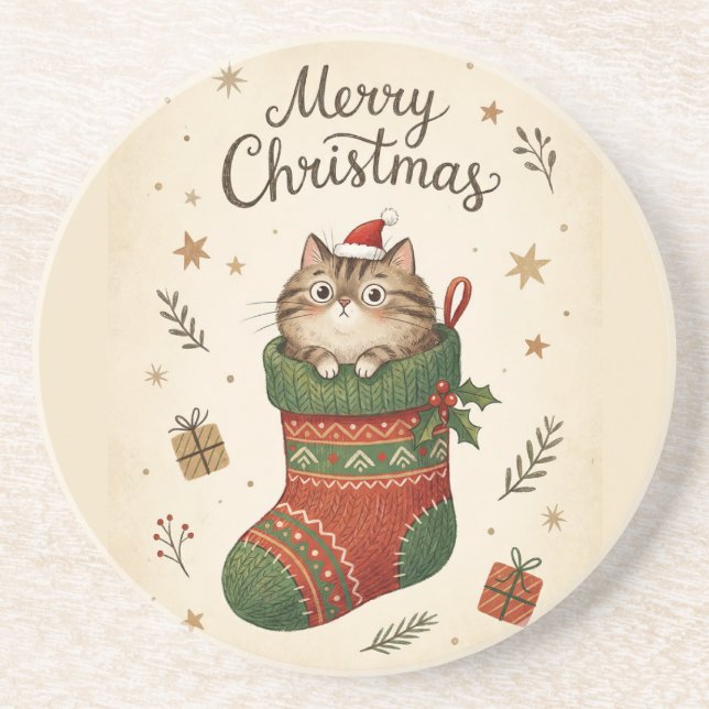 Porta-copos Christmas Cat in Stocking (Frente)