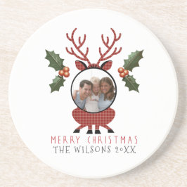 Porta-copos Christmas Plaid Reindeer with Personalized Photo
