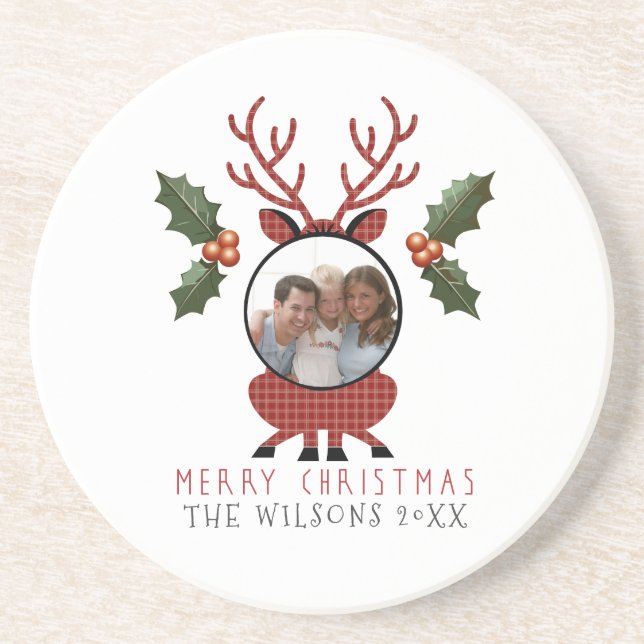 Porta-copos Christmas Plaid Reindeer with Personalized Photo (Frente)