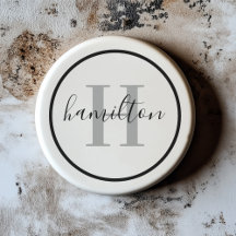 Cinza Elegante Monograma Personalizado Redondo Pre