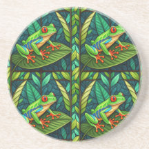 Circular coaster set with vibrant red-eyed tree