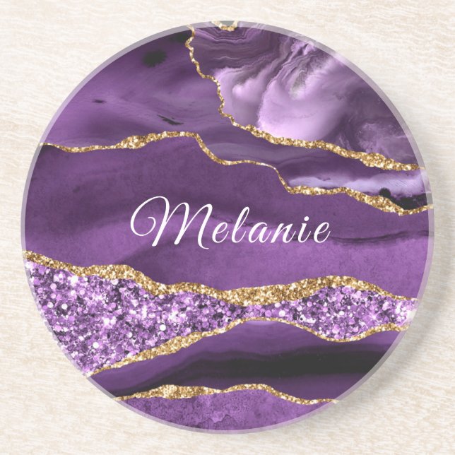 Porta copos circular com brilho Dourado roxo com n (Frente)