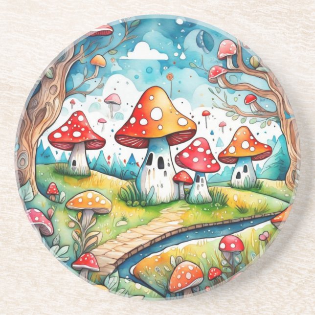 Porta-copos Cogumelos brancos folhas design (Frente)