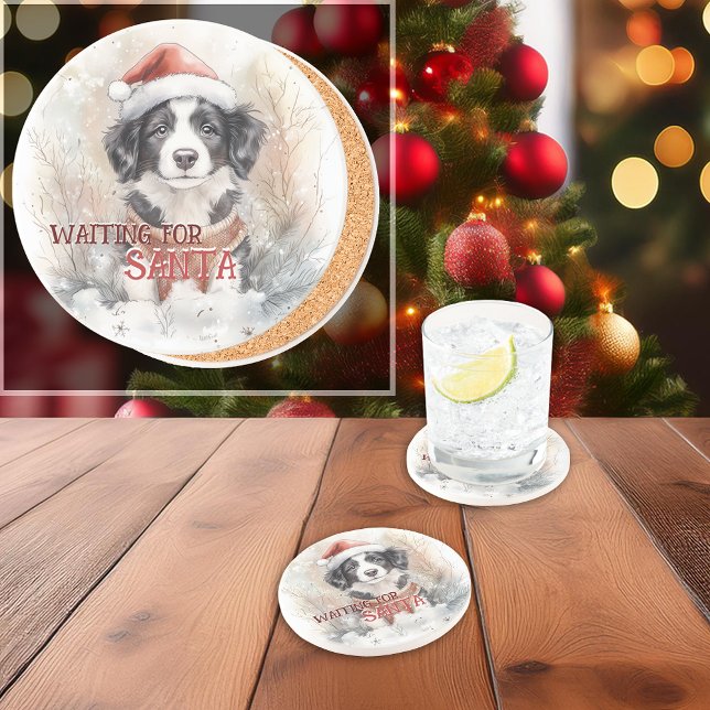 Porta-copos Collie de Borda Aguardando Papais noeis Aquarela (Border Collie Waiting For Santa Watercolor Coaster. You can personalize the message.)