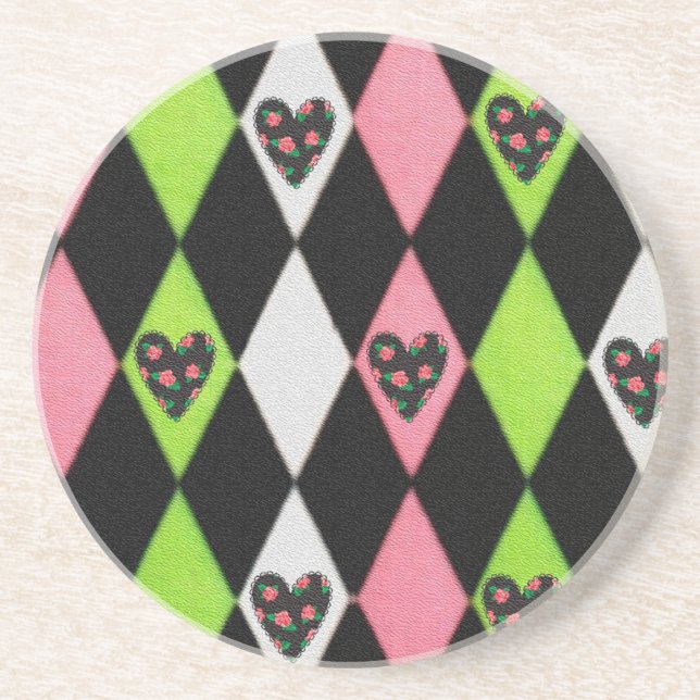 Porta-copos Colorful Harlequin Print with Rose Hearts (Frente)