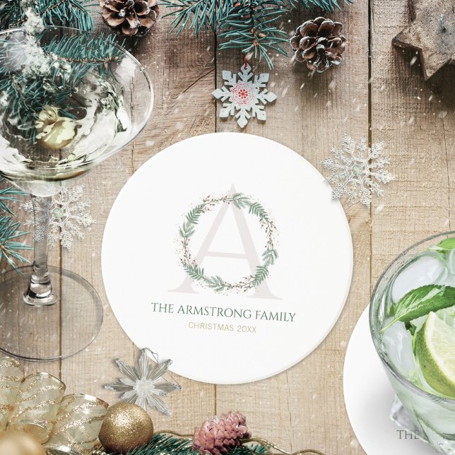 Porta-copos Conjunto de Acentos para Bebidas com Monograma de  (Forest Green Wreath Monogram Drinkware Accent Set Coaster  ©Susanne Sachers - Sunny Mind 🌞)