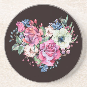 Porta-copos Coração floral em aquarela: rosas vintage.