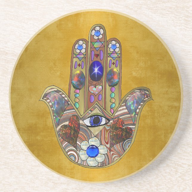 Porta-copos Corações Hamsa Flores Opala Arte em Ouro (Frente)