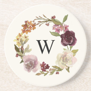 Porta-copos Coroa de Aquarela Floral Monograma Bege